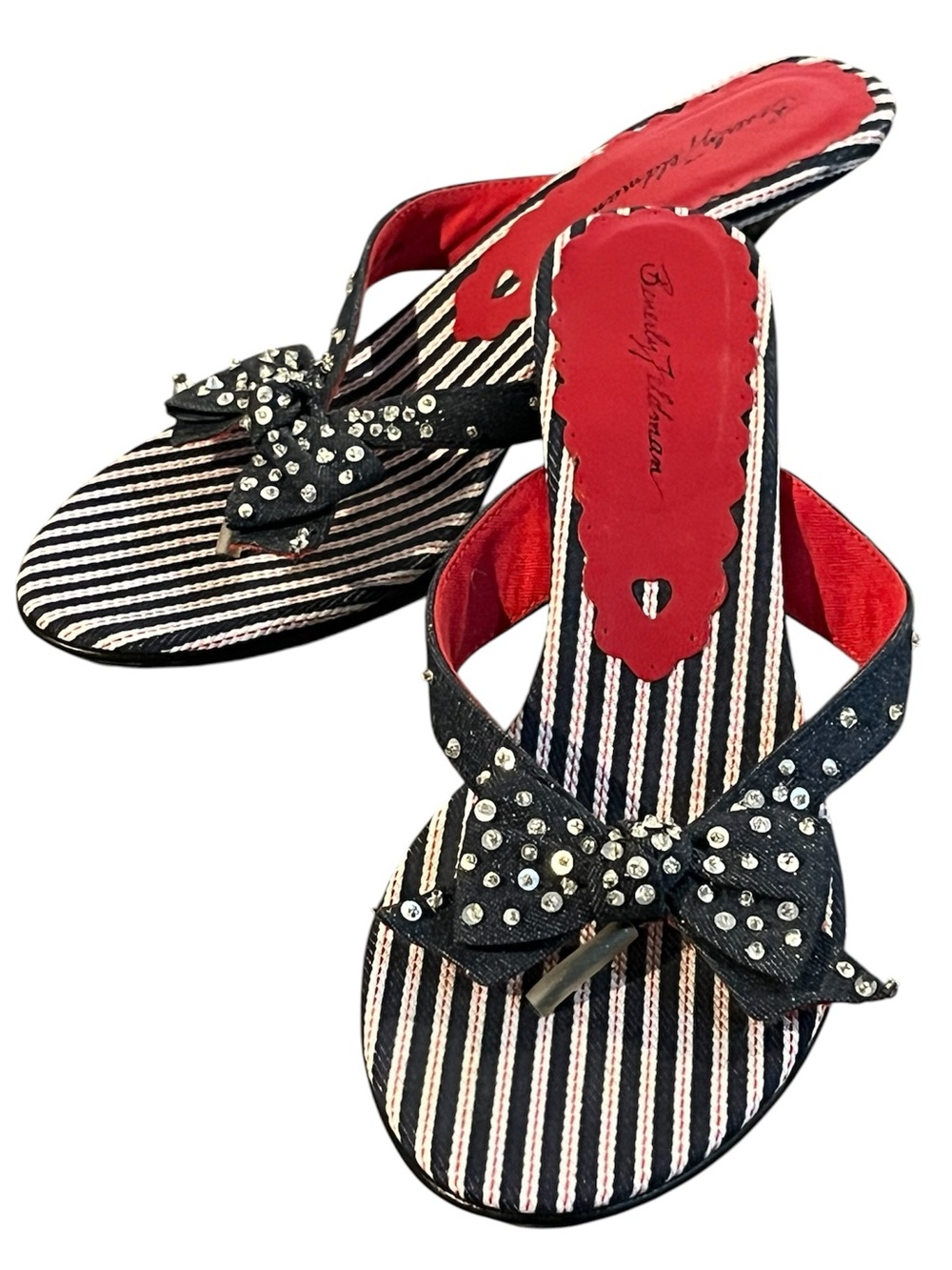 Rare Y2K Beverly Feldman Rhinestone Bow Striped Kitten Heel Mules Sandal
Sz 7